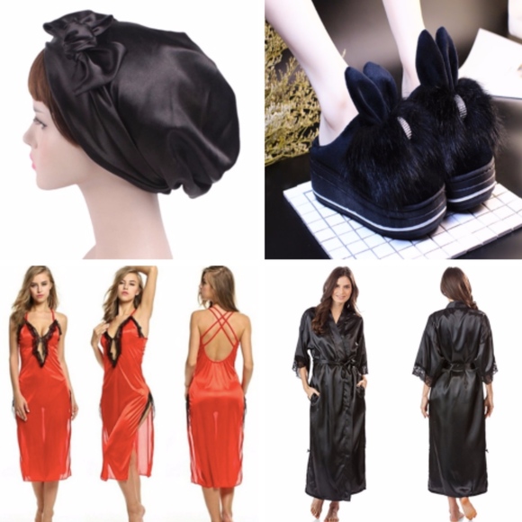 🎀FUR RABBIT BUNNY EAR SLIPPERS BLACK BLING SLEEP - Picture 4 of 8